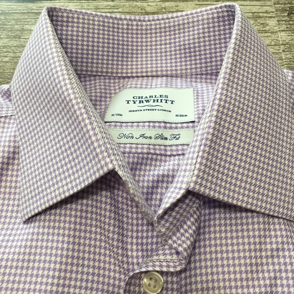 Charles Tyrwhitt Non Iron Slim Fit Houndstooth Button Shirt Men’s 16/34 Lavender